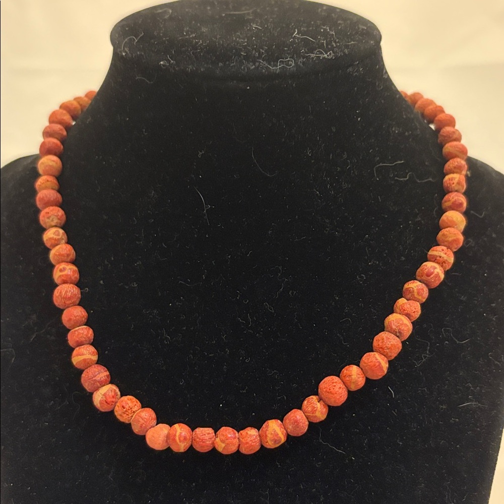 Vintage Red Orange Sponge Coral Bead Necklace Round Beads Statement 16’